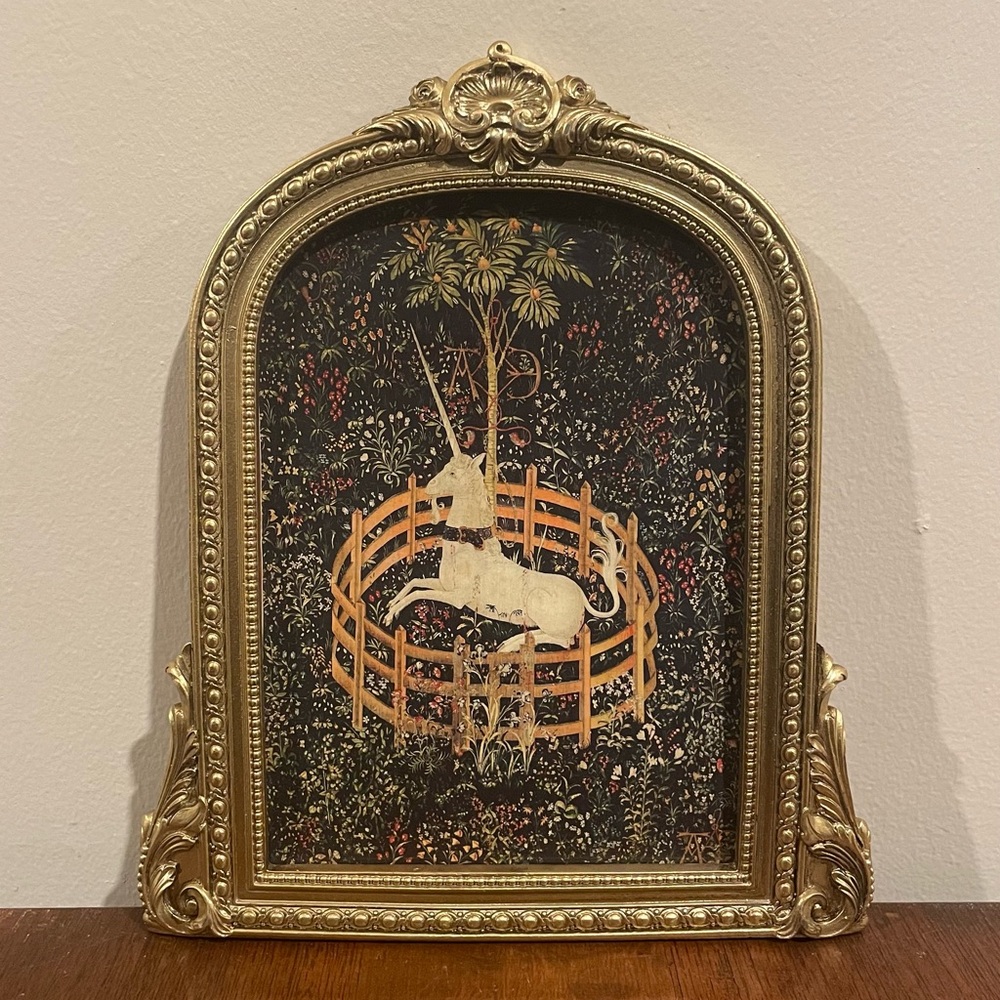 Unicorn Tapestry Gold Framed Print 7.5x9 Hunt of Unicorn In Captivity Wall Art